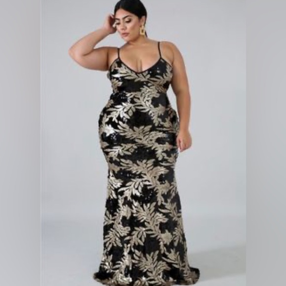 Black/gold floor length swim sequin gown